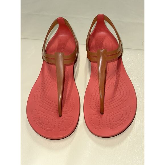 Crocs Isabella Sandals Pink/Orange Jelly T Strap Strappy Slip On Flats Women 6 - Picture 2 of 8
